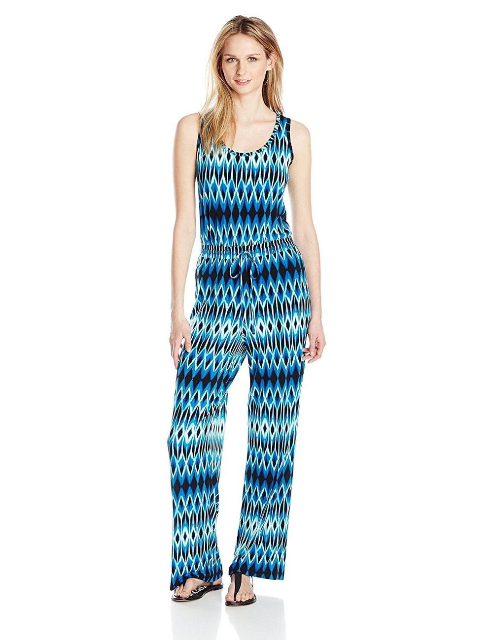 Calvin Klein Scoop Neck Printed Jumpsuit Black Blue White Sleeveless Sz 14